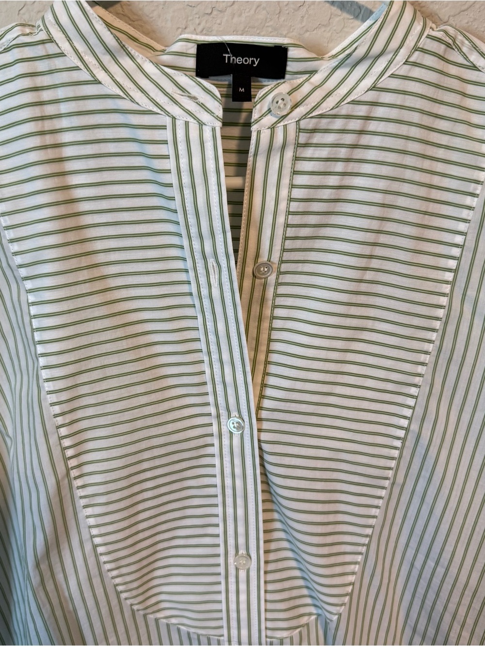 Theory Tuxedo Shirt in Green and White Striped Cotton Blend Size Medium NWT - Picture 2 of 6